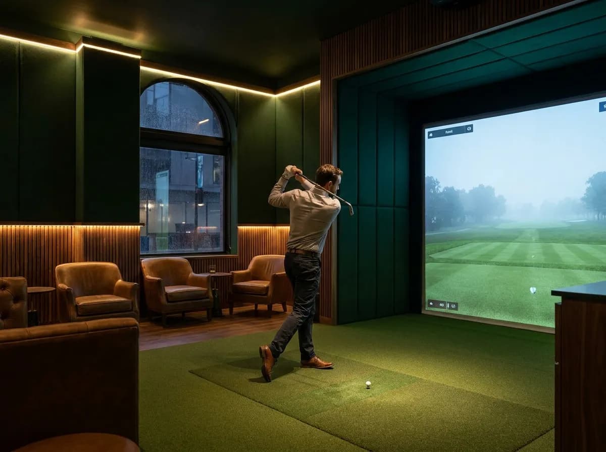 A single golfer practising alone in a simulator bay at the end of the day