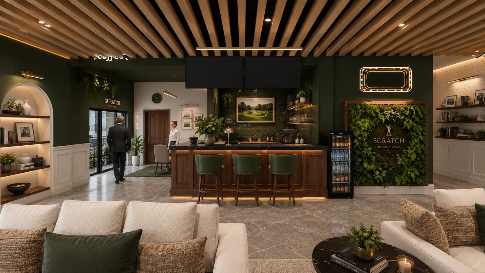 Design visual of the Scratch bar with green subway tile, a black quartz counter and a living wall carrying the Scratch logo