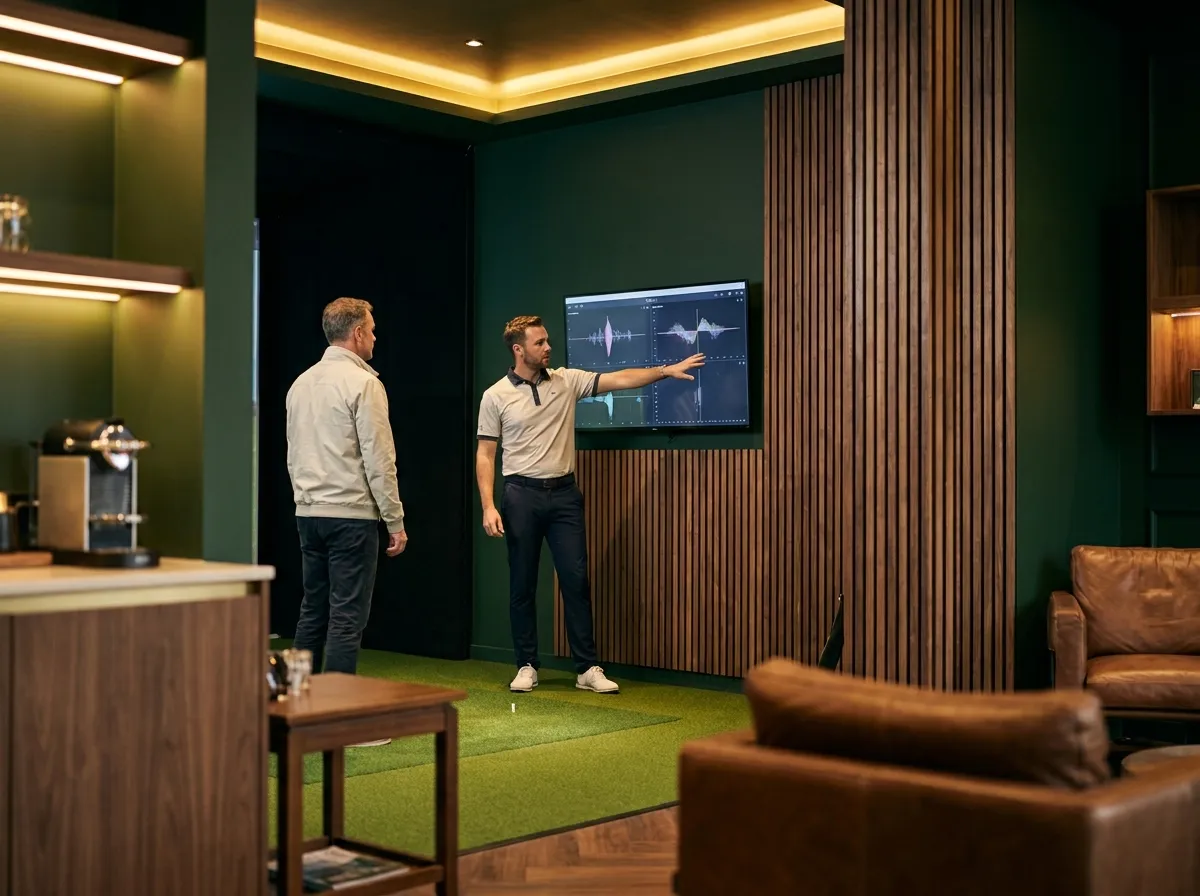 A coach pointing out swing data on a wall screen beside a student in a simulator bay