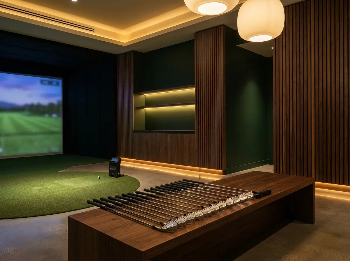 Iron heads and shafts laid out on a walnut bench beside a launch monitor in a fitting bay