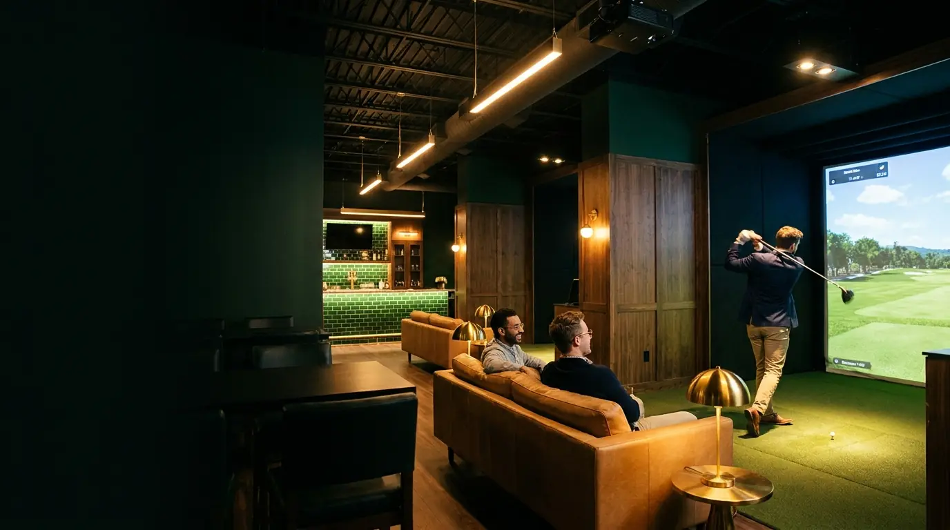 Golfers in the lounge at Scratch Indoor Golf, one mid-swing in a simulator bay while friends watch from the sofa