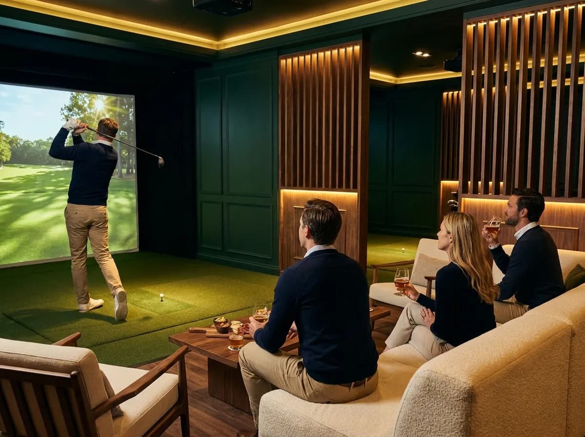 A group in a simulator bay on league night, one player mid-swing while the others watch from the sofa