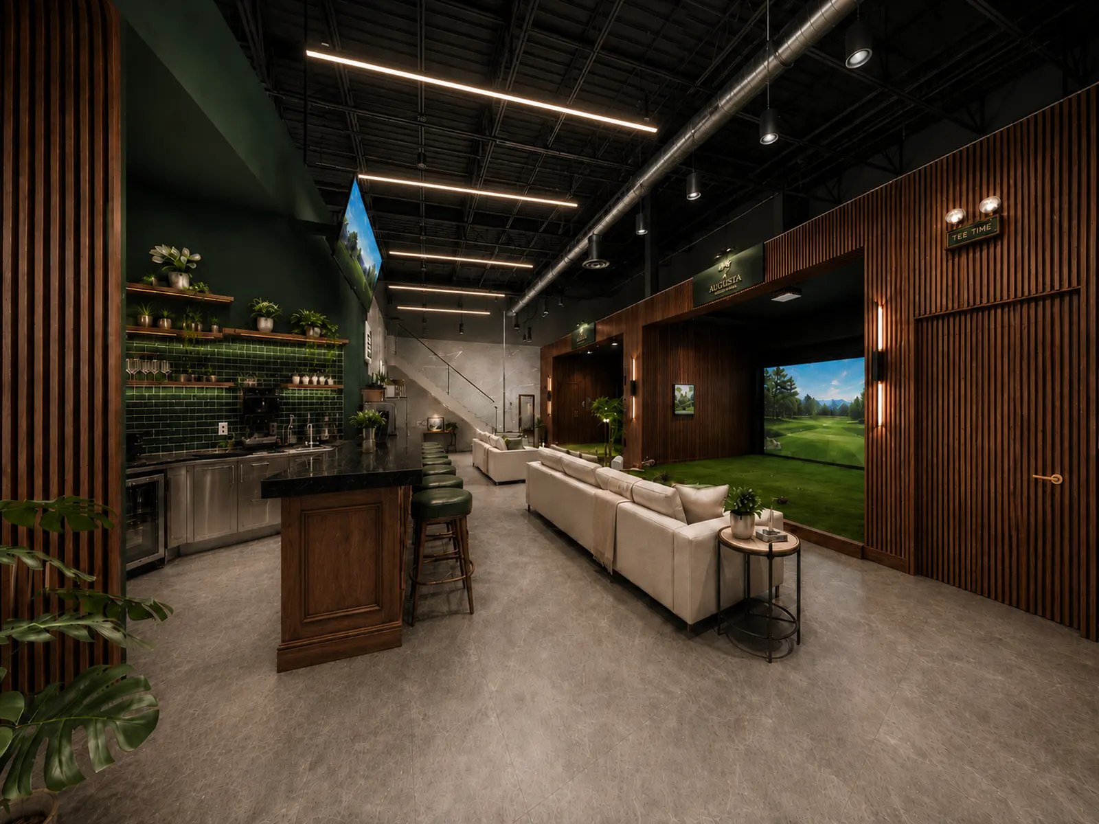 Design visual of The Spot at Scratch — bar with green subway tile, lounge seating and a simulator bay under an exposed black ceiling