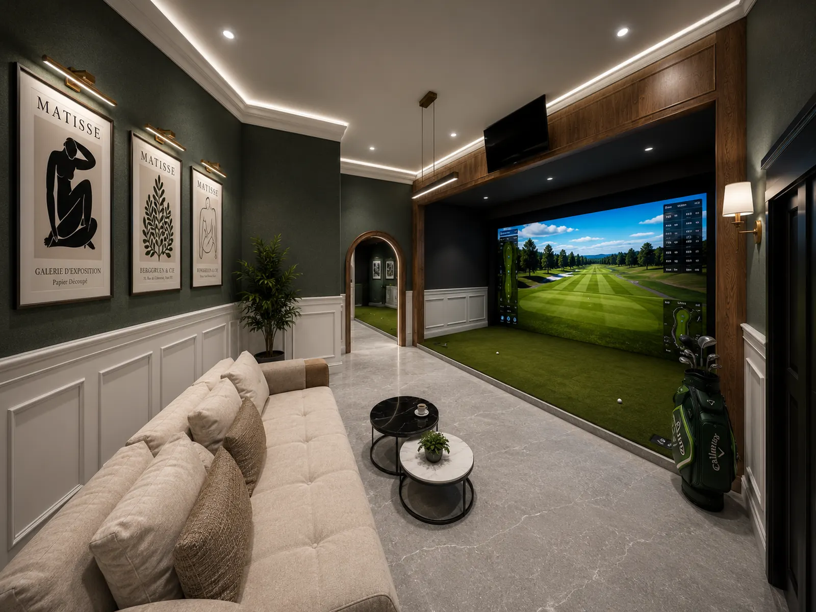 Design visual of private VIP simulator room at Scratch with lounge seating facing the screen