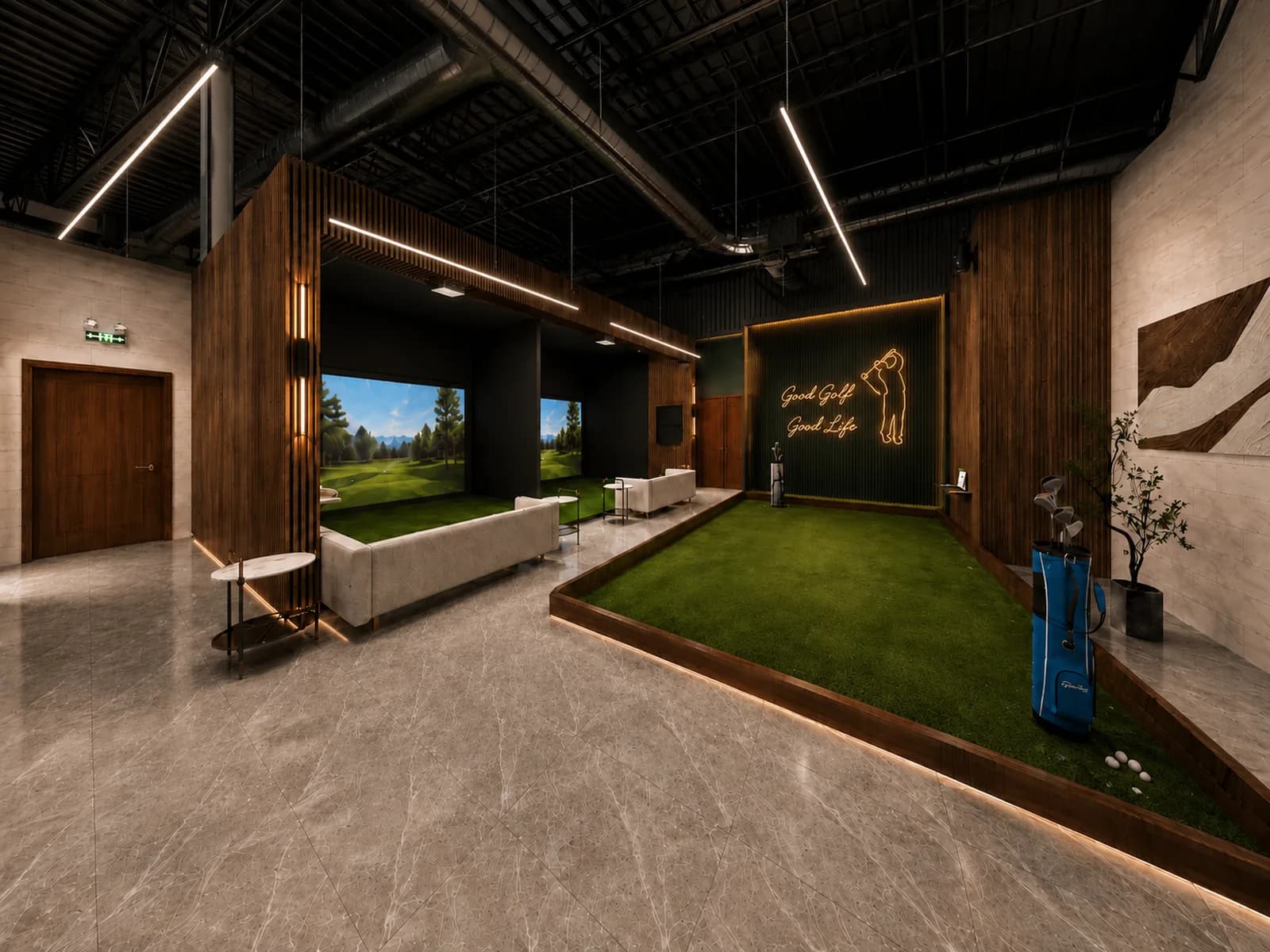 Design visual of the practice green and simulator bays under a Good Golf Good Life neon sign